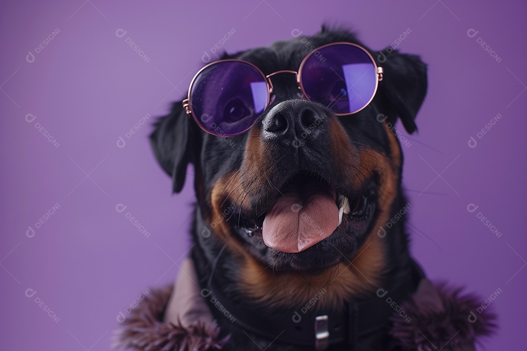 Rottweiler vestindo roupas e óculos escuros em fundo isolado