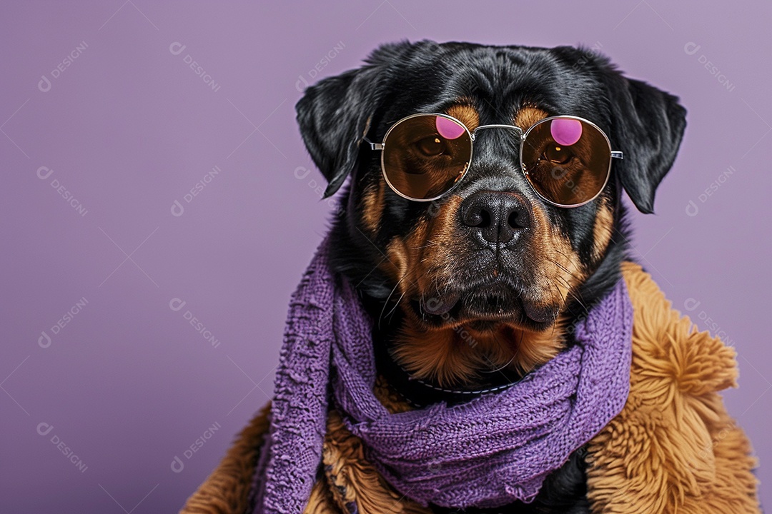 Rottweiler vestindo roupas e óculos escuros em fundo isolado