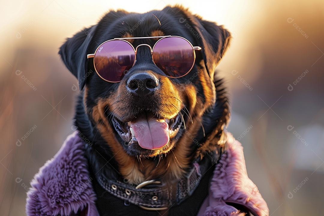 Rottweiler vestindo roupas e óculos escuros em fundo isolado