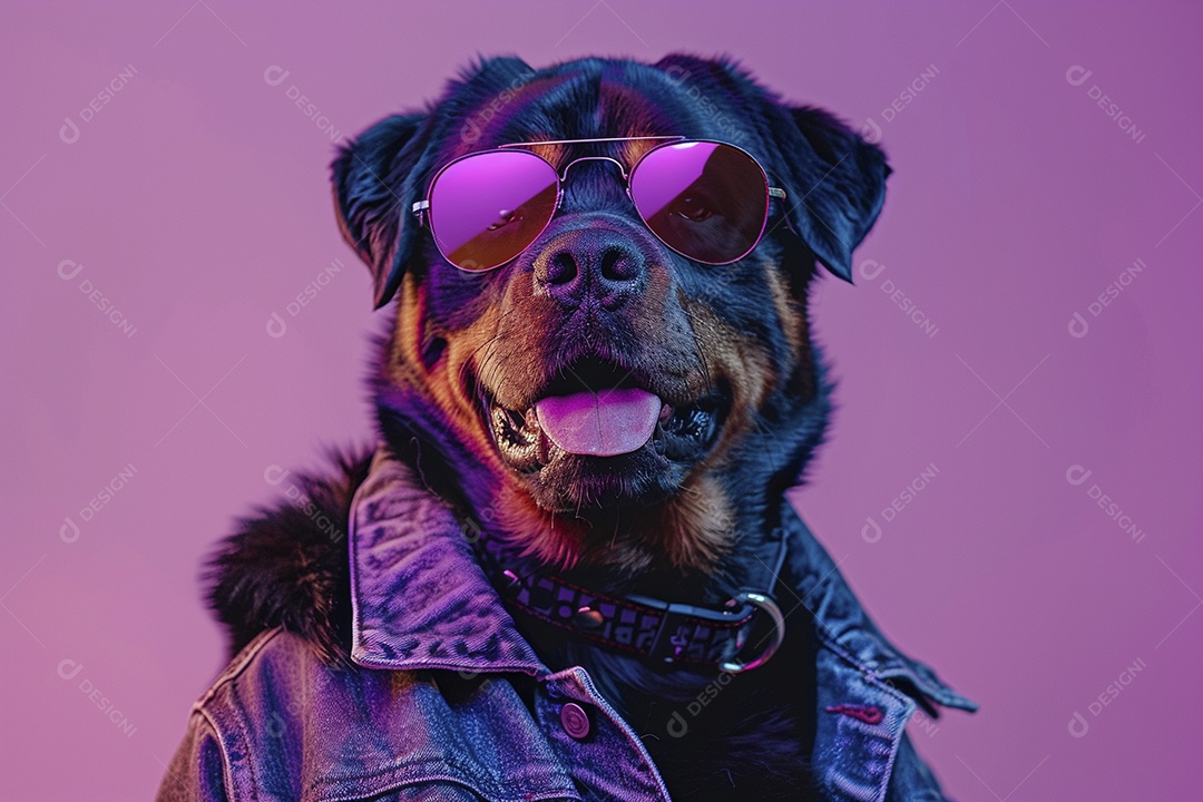 Rottweiler vestindo roupas e óculos escuros em fundo isolado