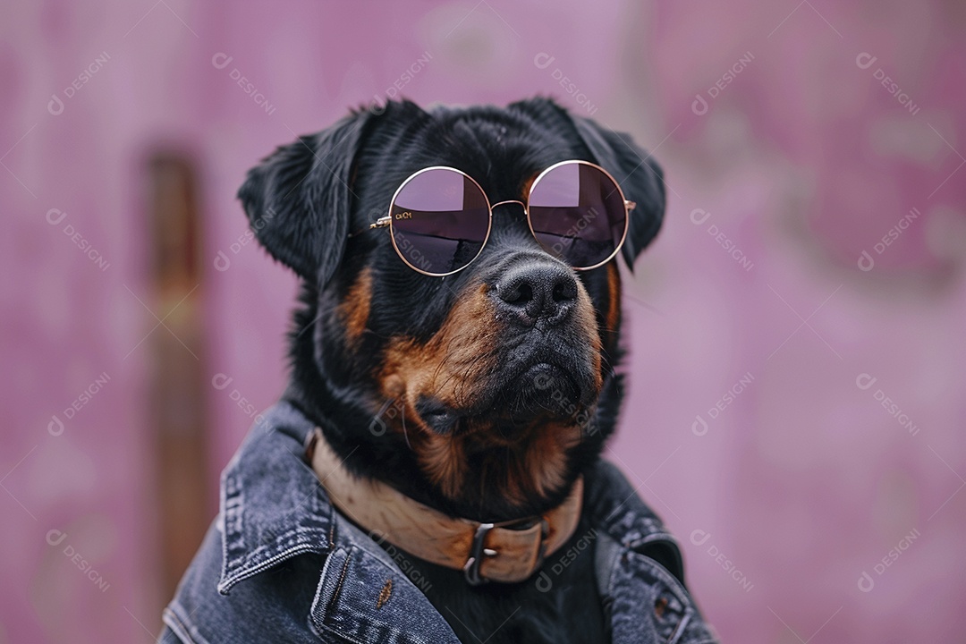 Rottweiler vestindo roupas e óculos escuros em fundo isolado