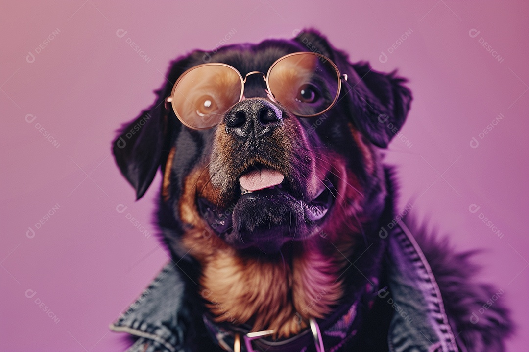 Rottweiler vestindo roupas e óculos escuros em fundo isolado