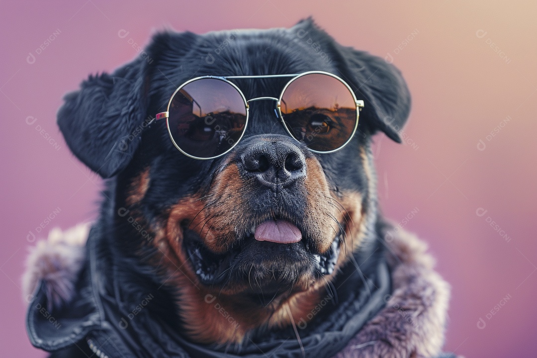 Rottweiler vestindo roupas e óculos escuros em fundo isolado
