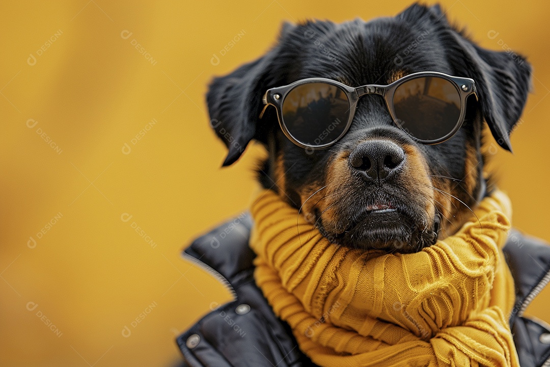 Rottweiler vestindo roupas e óculos de sol em fundo amarelo