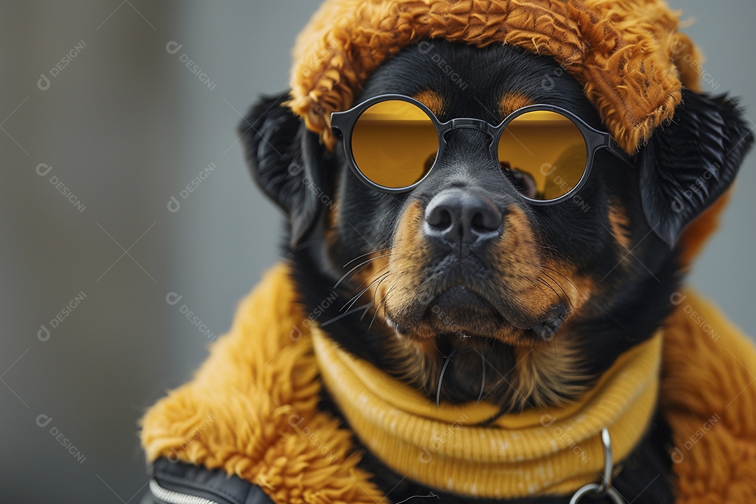 Rottweiler vestindo roupas e óculos de sol em fundo amarelo