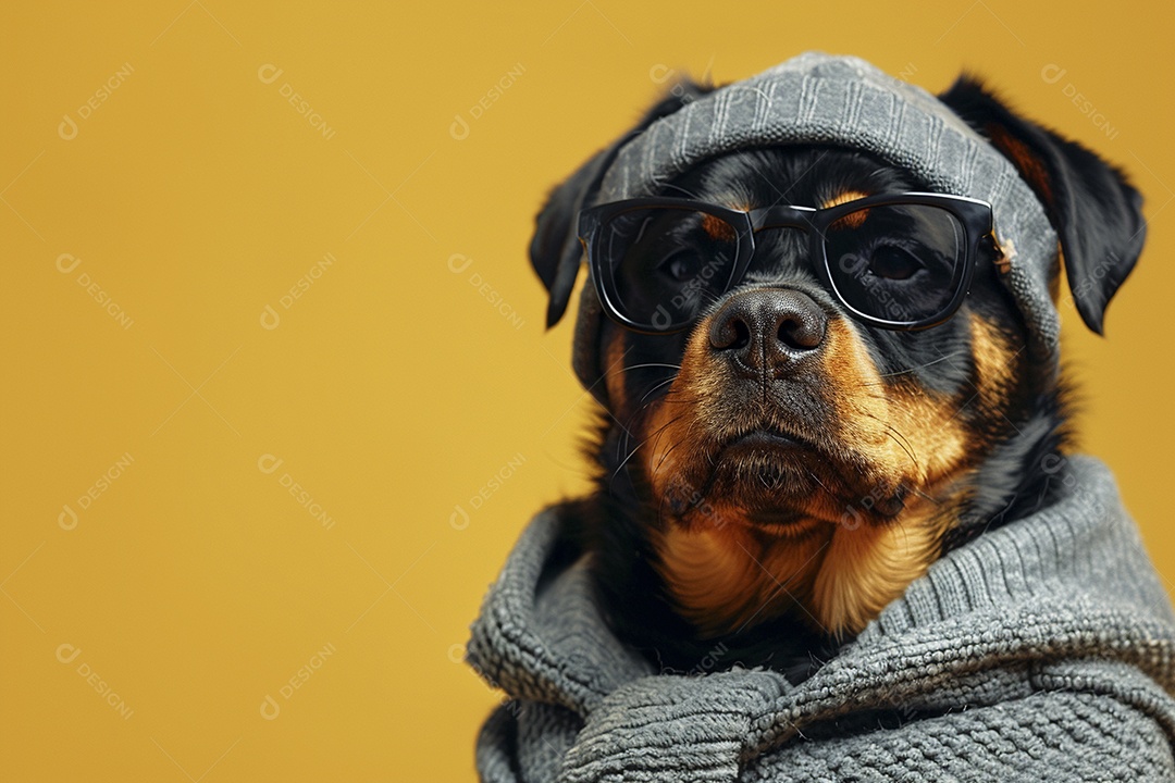 Rottweiler vestindo roupas e óculos de sol em fundo amarelo