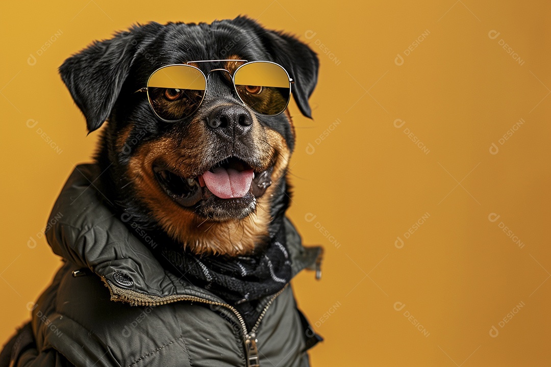 Rottweiler vestindo roupas e óculos de sol em fundo amarelo