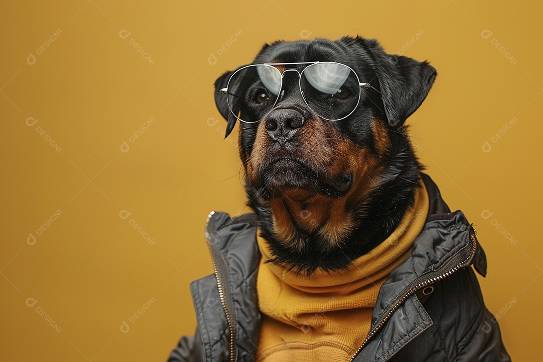 Rottweiler vestindo roupas e óculos de sol em fundo amarelo