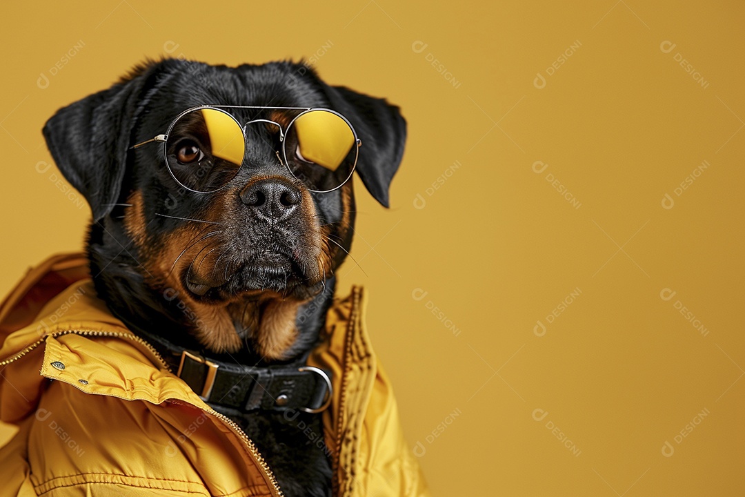 Rottweiler vestindo roupas e óculos de sol em fundo amarelo
