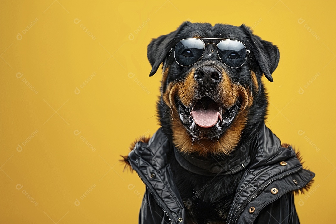 Rottweiler vestindo roupas e óculos de sol em fundo amarelo