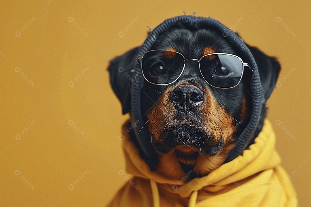 Rottweiler vestindo roupas e óculos de sol em fundo amarelo