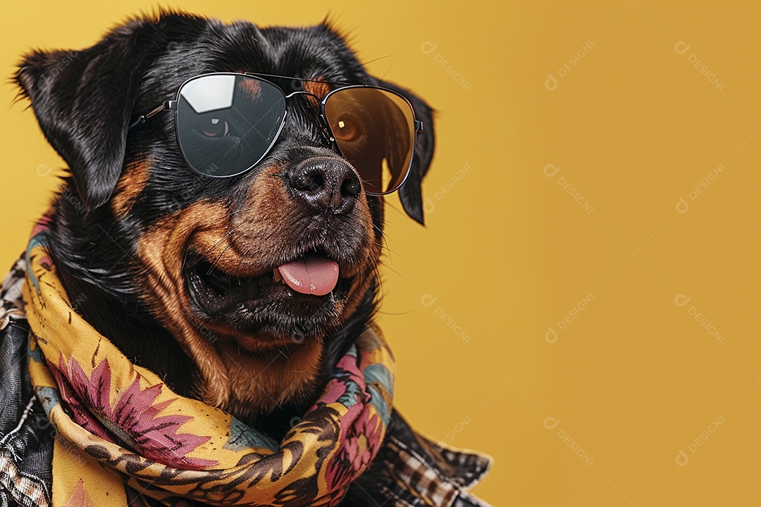 Rottweiler vestindo roupas e óculos de sol em fundo amarelo