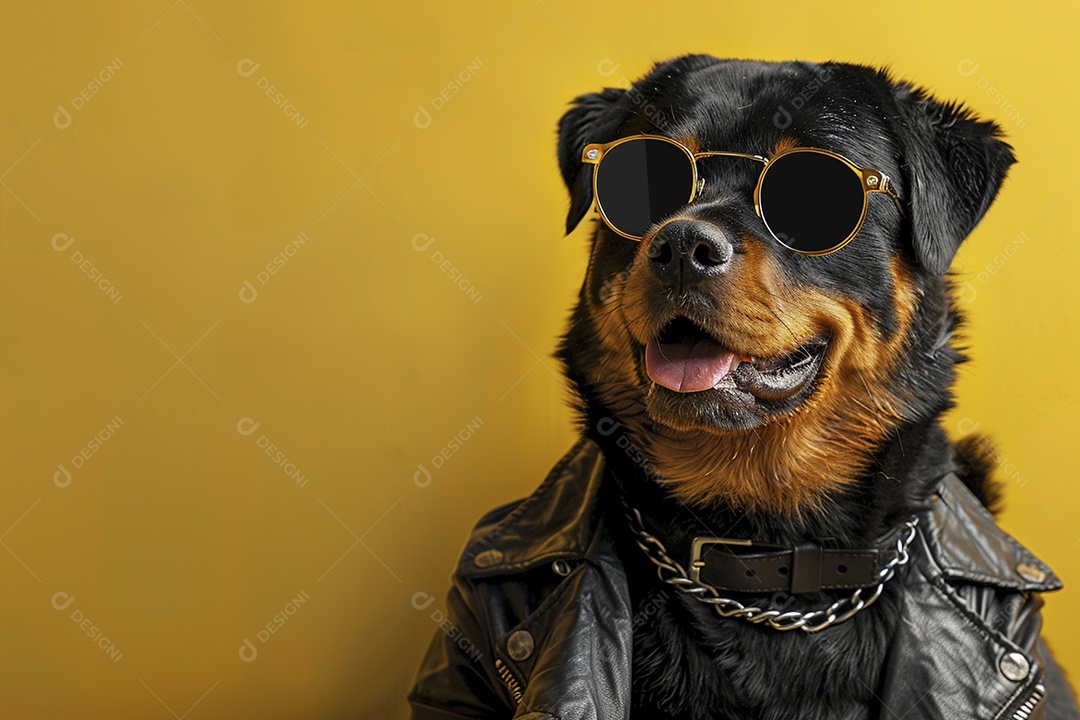 Rottweiler vestindo roupas e óculos de sol em fundo amarelo