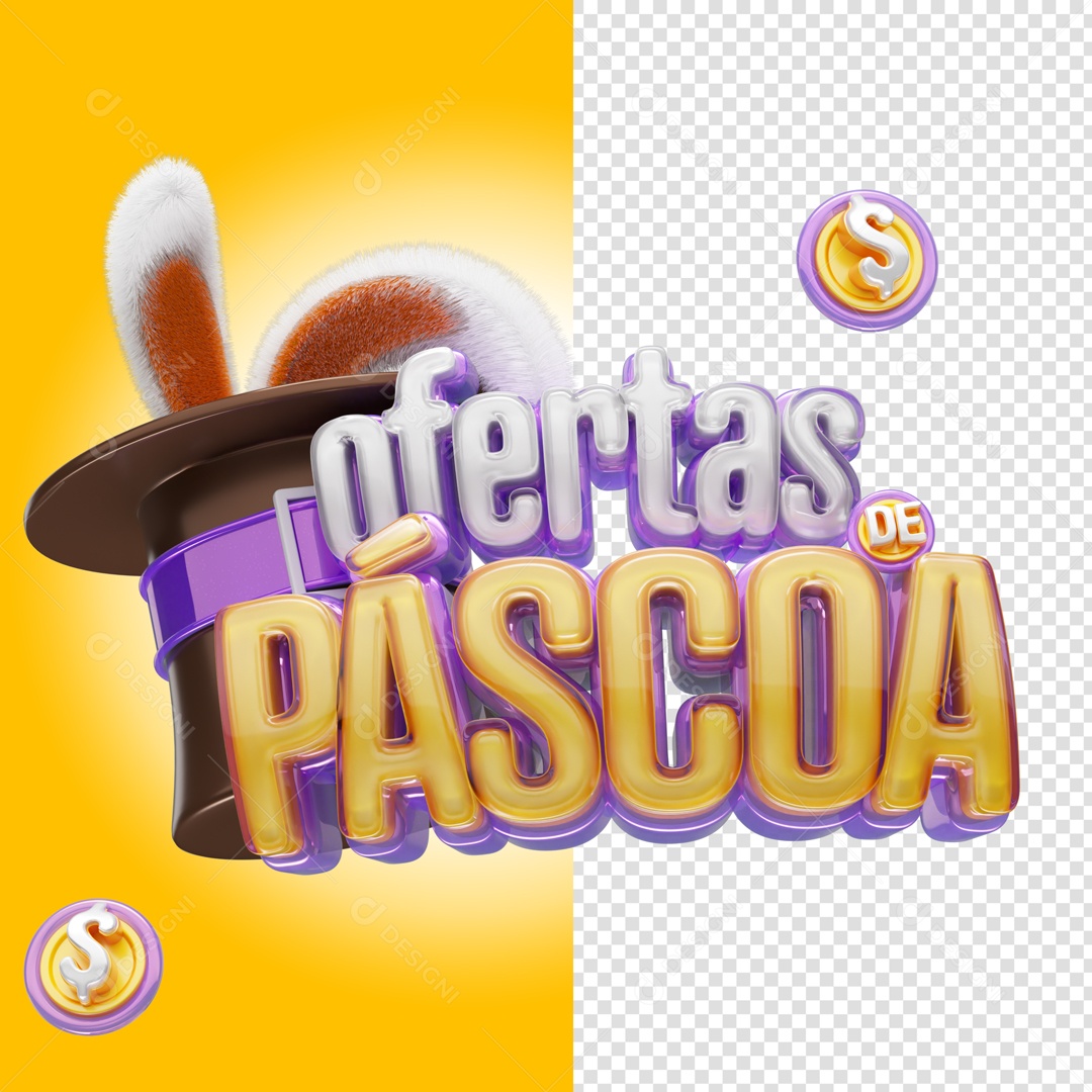 Ofertas de Páscoa Selo 3D Branco Roxo Dourado para Composição PSD