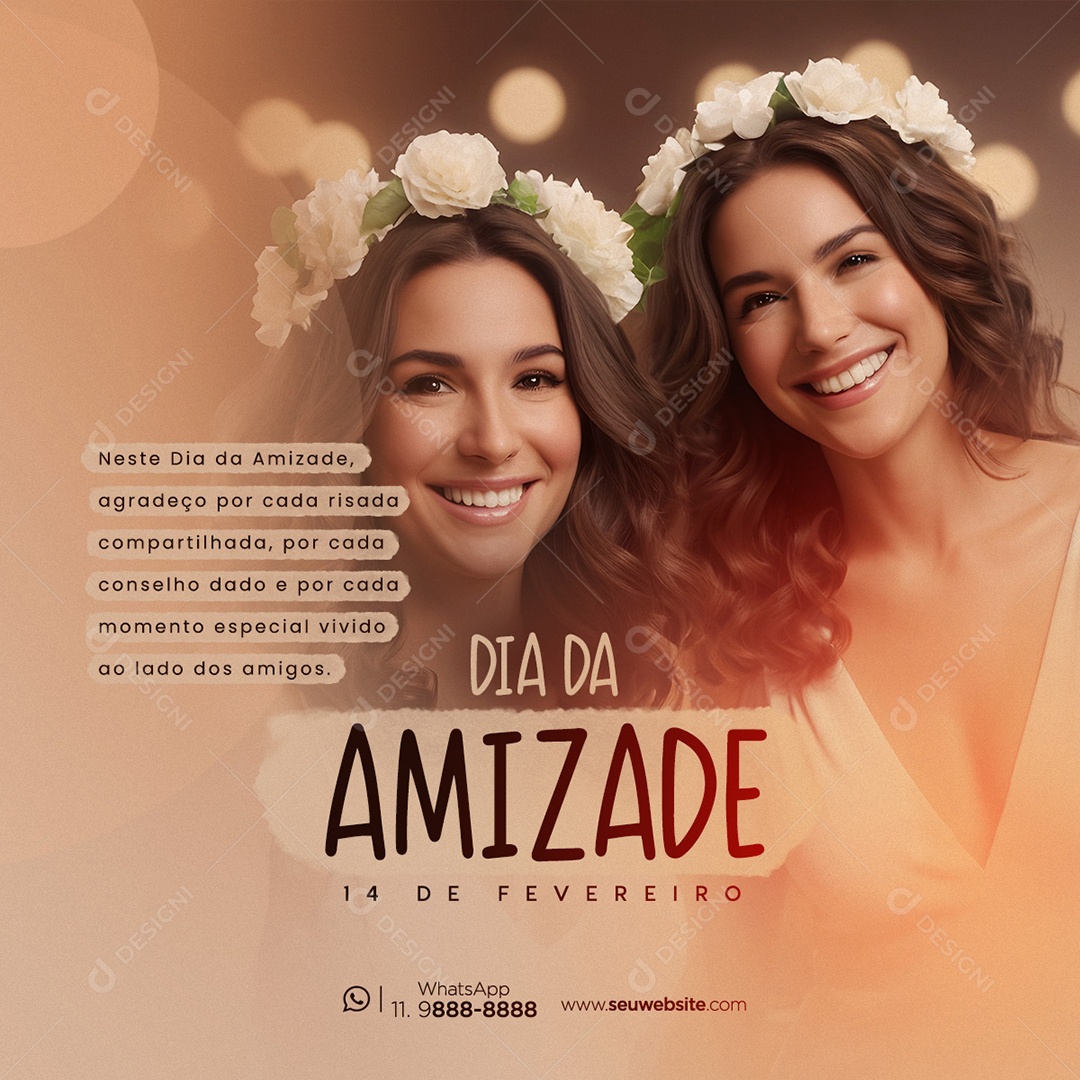 Dia da Amizade 14 de Fevereiro Agradeço por Cada Risada Compartilhada Social Media PSD Editável
