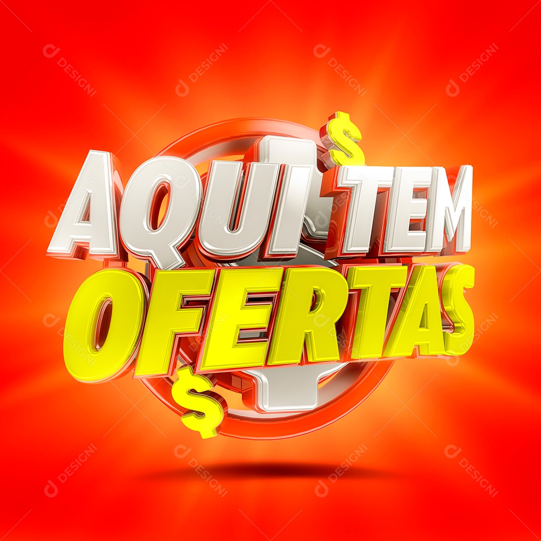 Aqui Tem Ofertas Selo 3D Branco Amarelo e Vermelho para Composição PSD