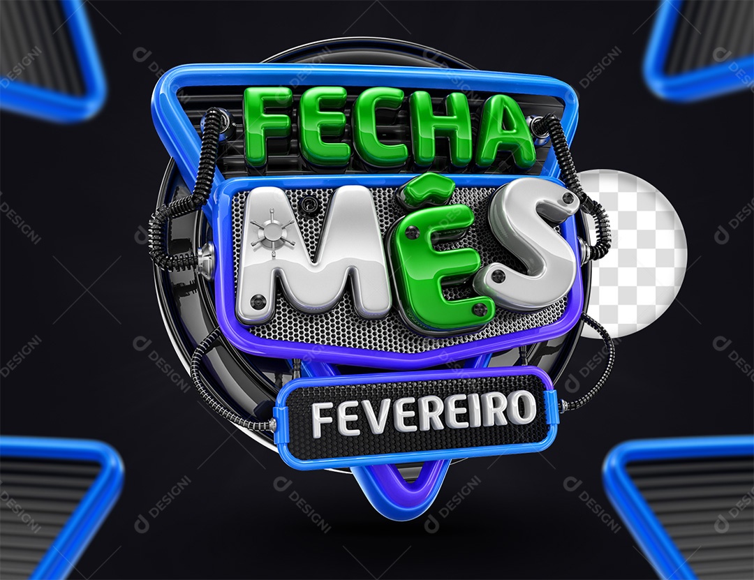 Selo 3D Fecha Mês Fevereiro Verde Cinza e Azul para Composição PSD