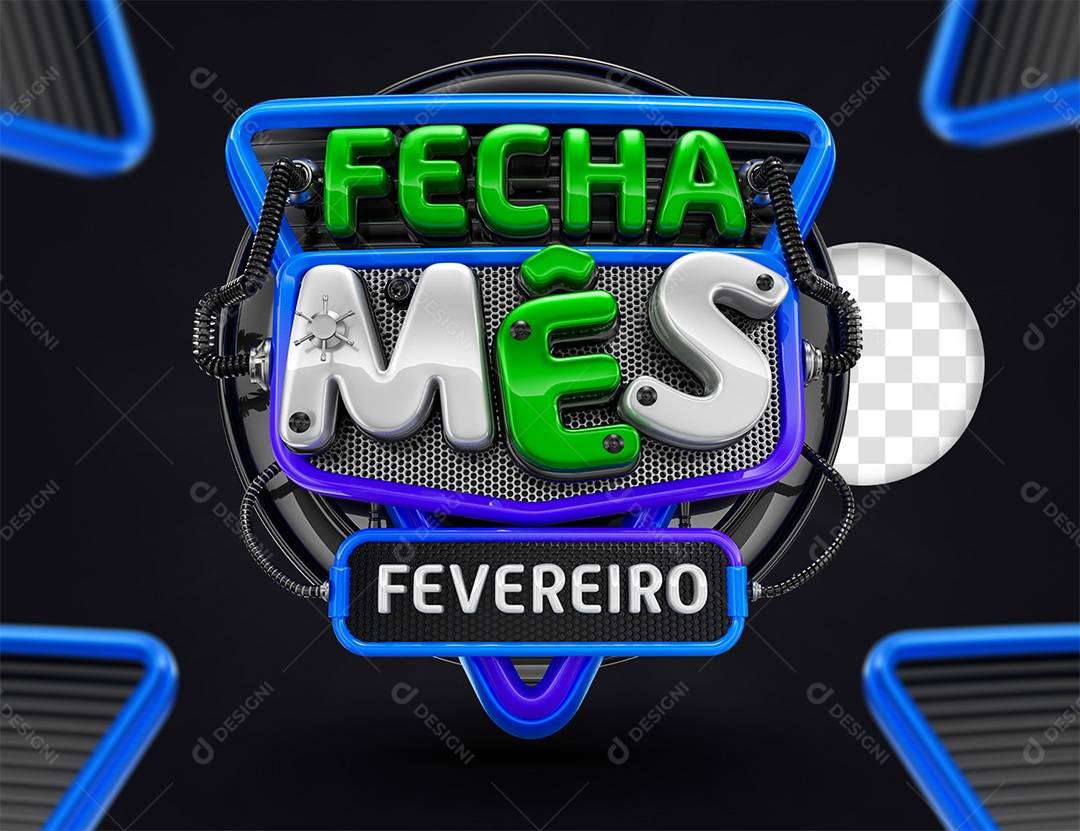 Fecha Mês Fevereiro Selo 3D Verde Cinza e Azul para Composição PSD