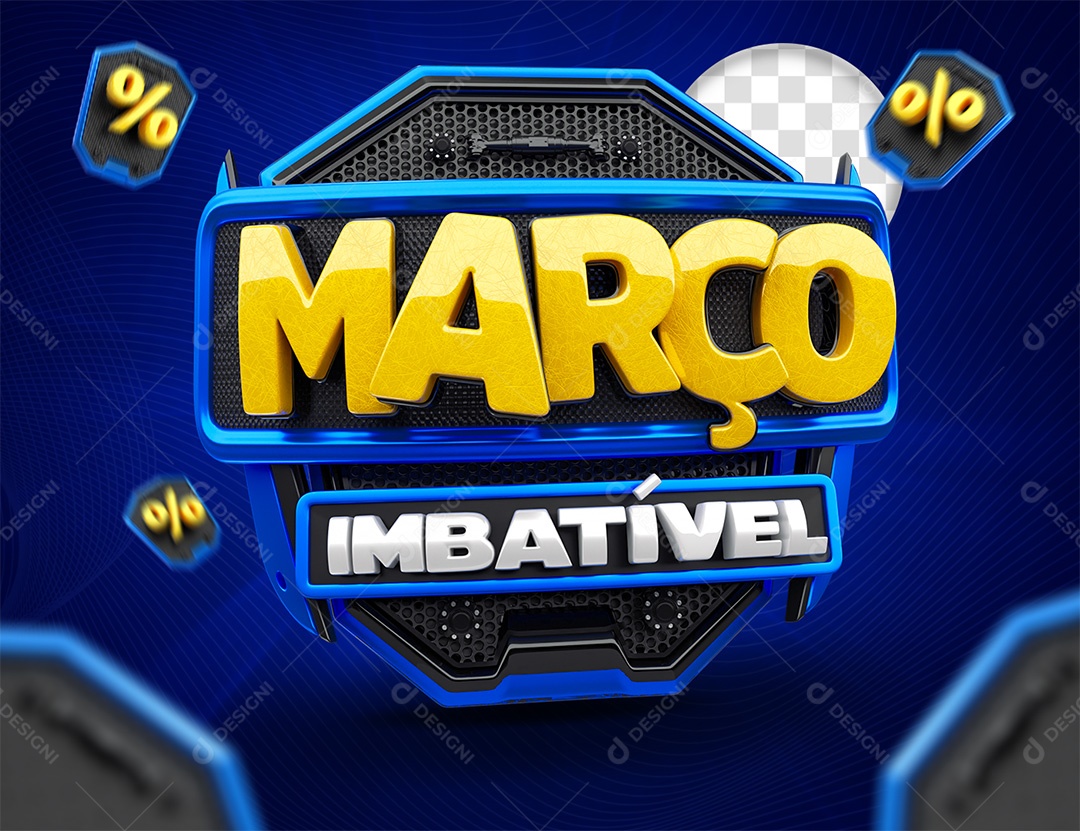 Selo 3D Março Imbatível Dourado Azul e Branco para Composição PSD