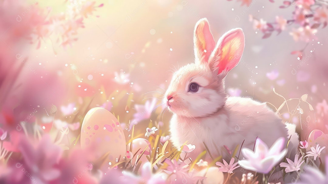 Coelhinho da Páscoa fofo em uma floresta florida ou fundo de campo para o conceito de festa de Páscoa