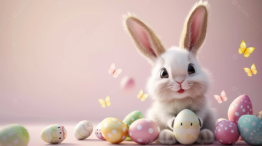 Coelhinho da Páscoa fofo em uma floresta florida ou fundo de campo para o conceito de festa de Páscoa