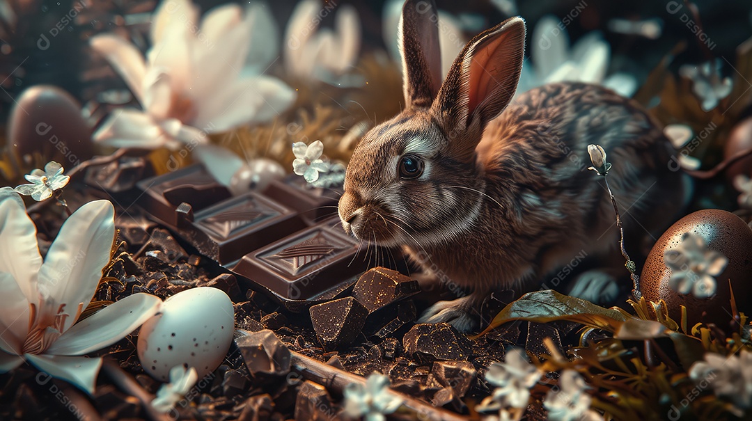 Coelhinho da Páscoa fofo no meio de chocolates para o conceito de festa de Páscoa