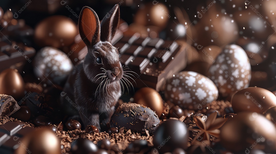 Coelhinho da Páscoa fofo no meio de chocolates para o conceito de festa de Páscoa
