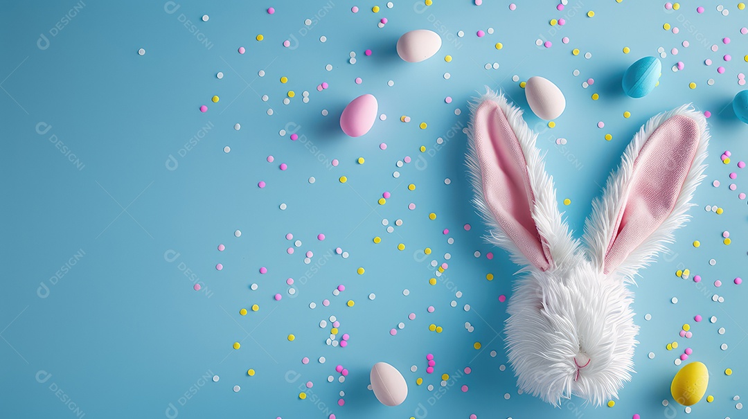 Orelhas de coelhinho da Páscoa em fundo azul claro com espaço para texto e conceito para festa de Páscoa