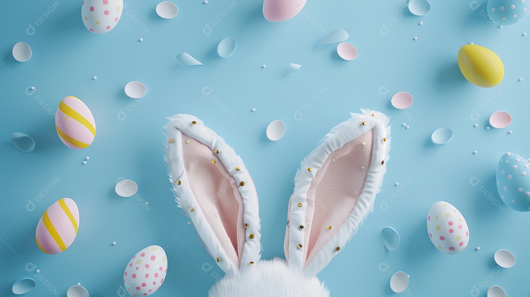 Orelhas de coelhinho da Páscoa em fundo azul claro com espaço para texto e conceito para festa de Páscoa