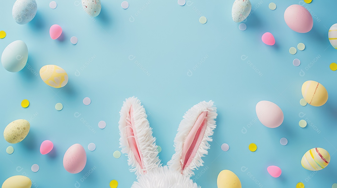 Orelhas de coelhinho da Páscoa em fundo azul claro com espaço para texto e conceito para festa de Páscoa