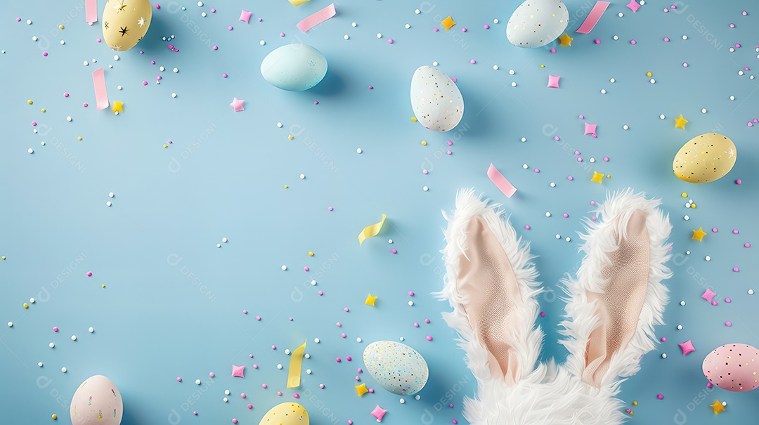 Orelhas de coelhinho da Páscoa em fundo azul claro com espaço para texto e conceito para festa de Páscoa