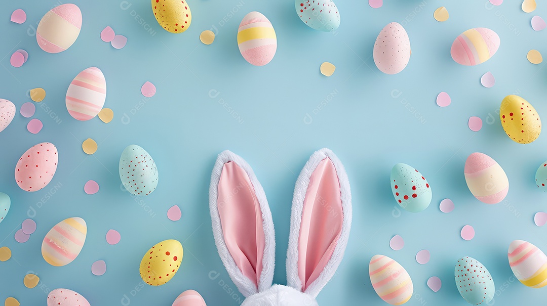 Orelhas de coelhinho da Páscoa em fundo azul claro com espaço para texto e conceito para festa de Páscoa