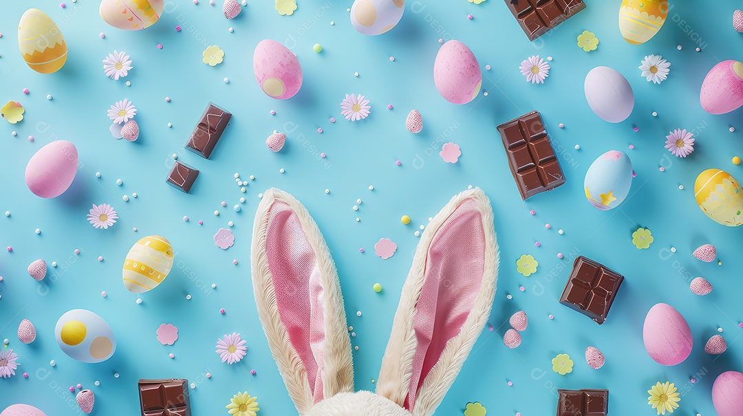 Orelhas de coelhinho da Páscoa em fundo azul claro com espaço para texto e conceito para festa de Páscoa