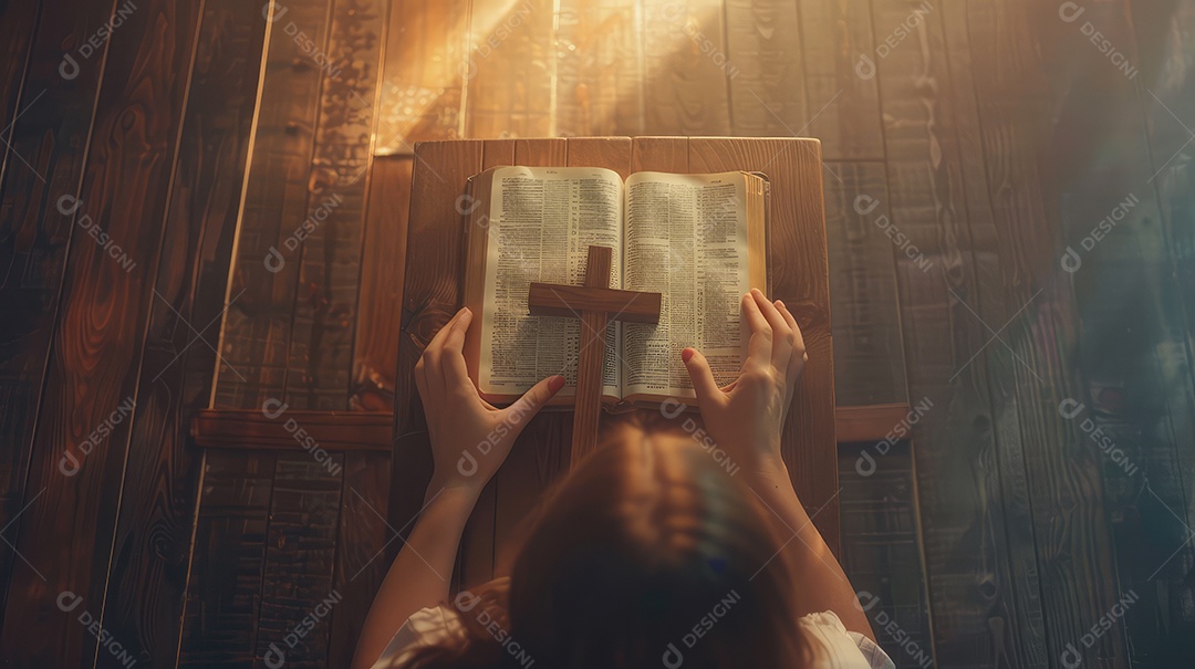 Pessoa cristã segurando uma cruz de madeira na Bíblia Sagrada aberta na mesa da igreja