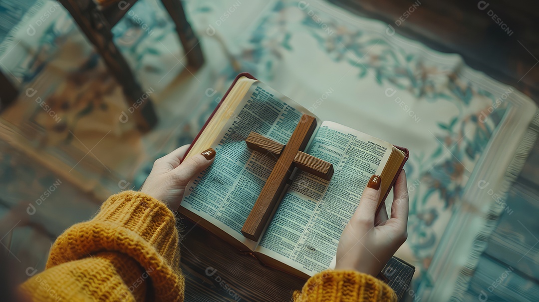 Pessoa cristã segurando uma cruz de madeira na Bíblia Sagrada aberta na mesa da igreja