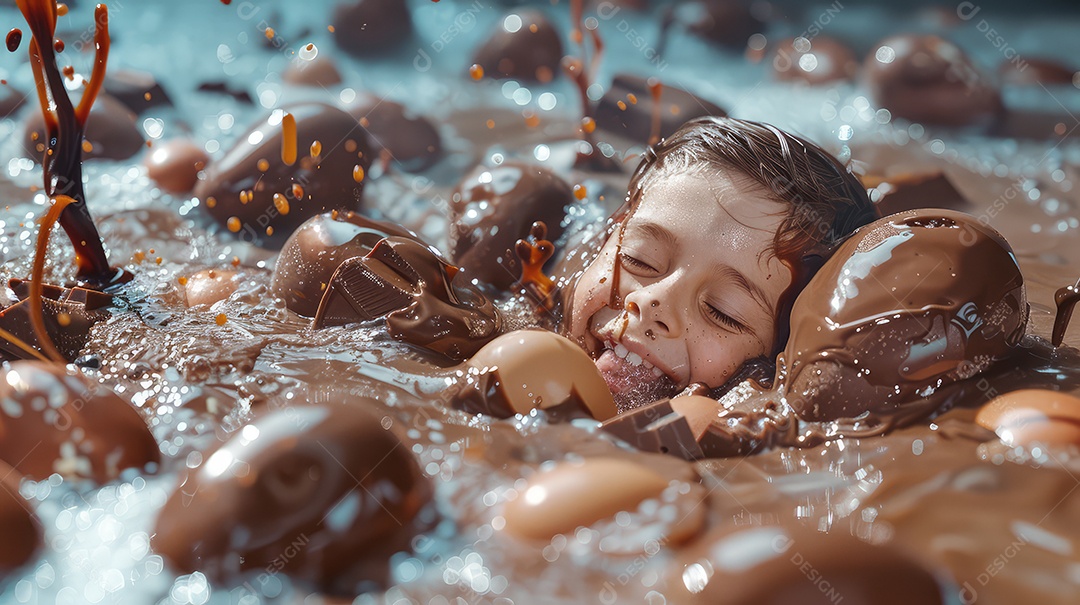 Crianças brincando em uma piscina cheia de chocolate em imagens divertidas para conceito de festa de Páscoa