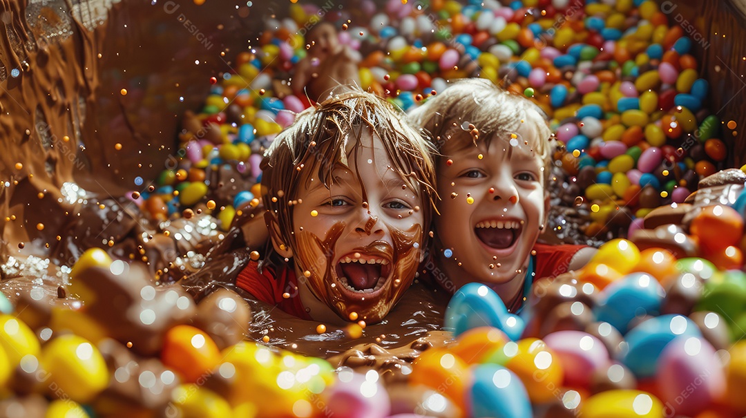 Crianças brincando em uma piscina cheia de chocolate em imagens divertidas para conceito de festa de Páscoa