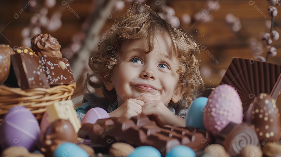 Crianças brincando em uma piscina cheia de chocolate em imagens divertidas para conceito de festa de Páscoa