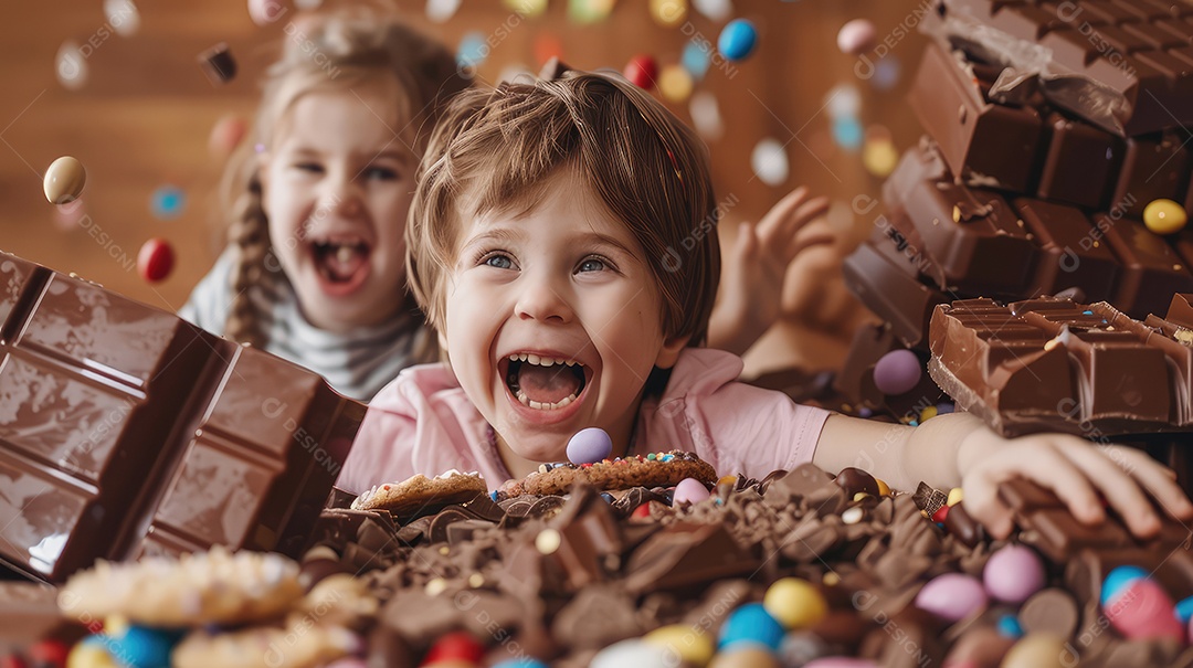 Crianças brincando em uma piscina cheia de chocolate em imagens divertidas para conceito de festa de Páscoa