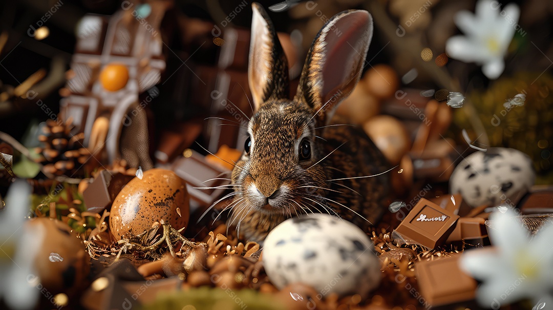 Coelhinho da Páscoa feito de chocolate no meio de barras de chocolate para o conceito de festa de Páscoa