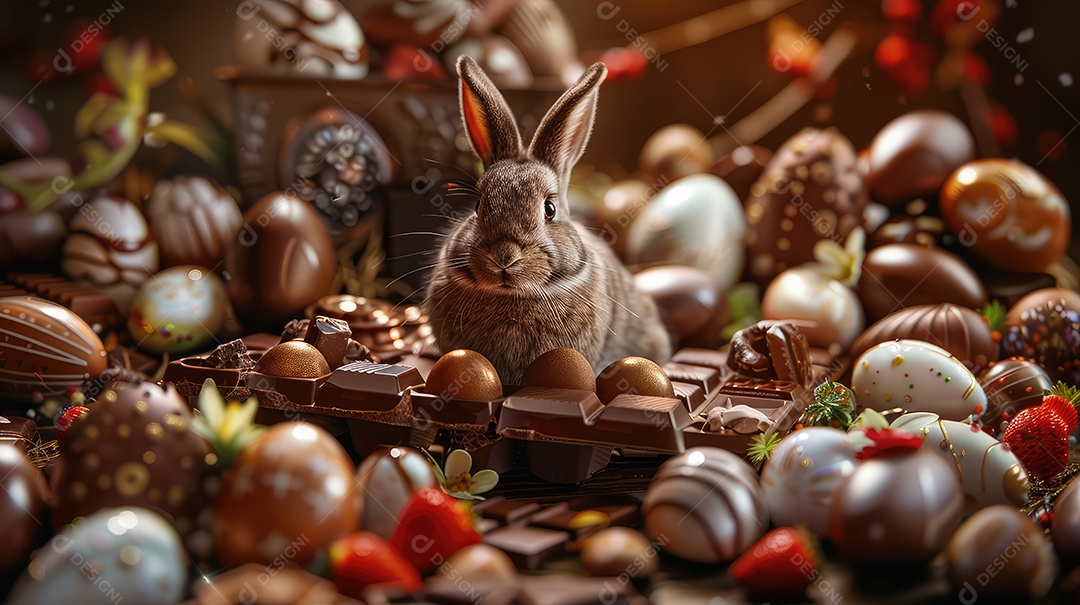 Coelhinho da Páscoa feito de chocolate no meio de barras de chocolate para o conceito de festa de Páscoa
