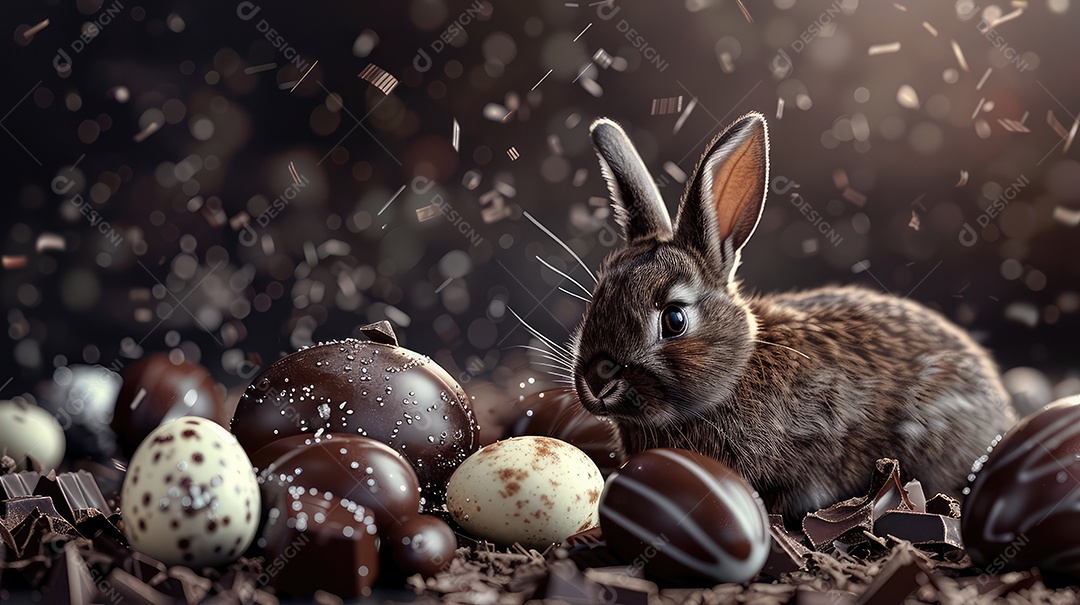 Coelhinho da Páscoa feito de chocolate no meio de barras de chocolate para o conceito de festa de Páscoa