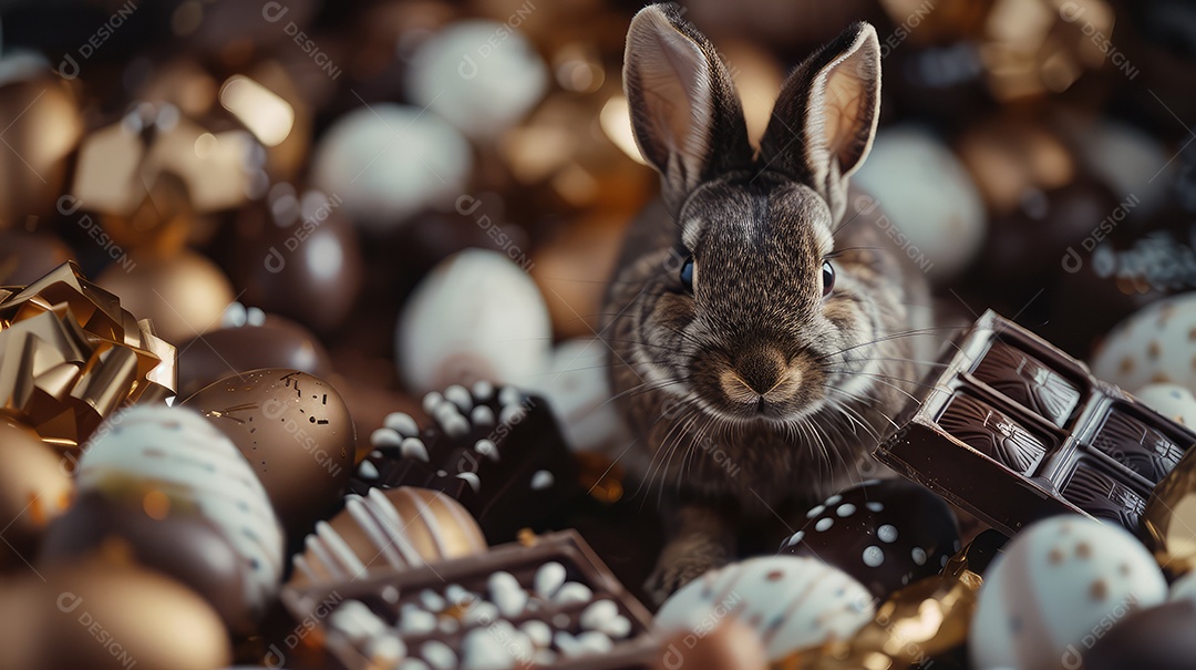 Coelhinho da Páscoa fofo no meio de chocolates para o conceito de festa de Páscoa