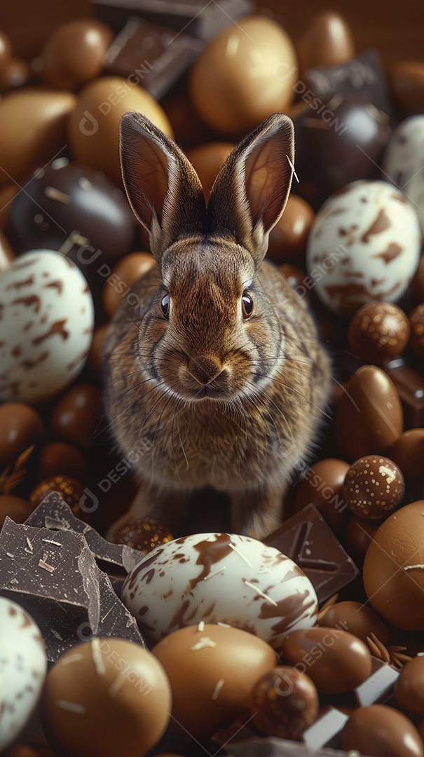 Coelhinho da Páscoa feito de chocolate no meio de barras de chocolate para o conceito de festa de Páscoa