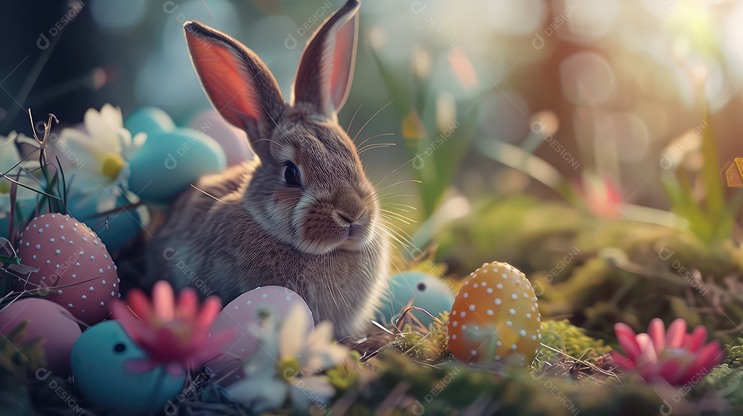 Coelhinho da Páscoa fofo em uma floresta florida ou fundo de campo para o conceito de festa de Páscoa