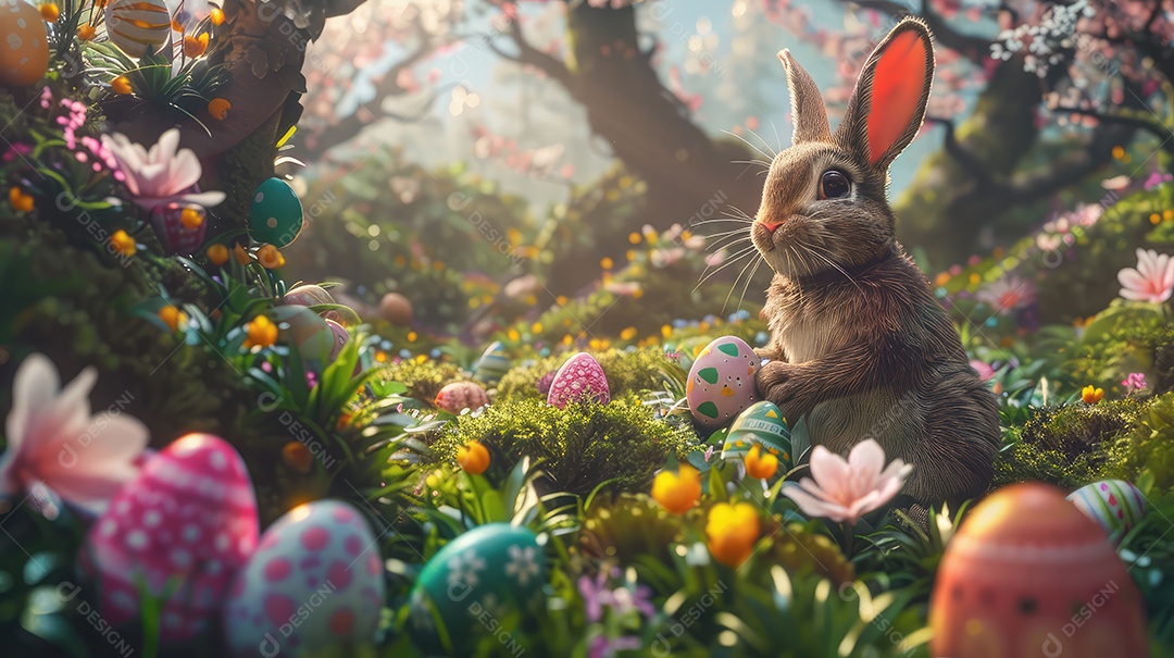 Coelhinho da Páscoa fofo em uma floresta florida ou fundo de campo para o conceito de festa de Páscoa