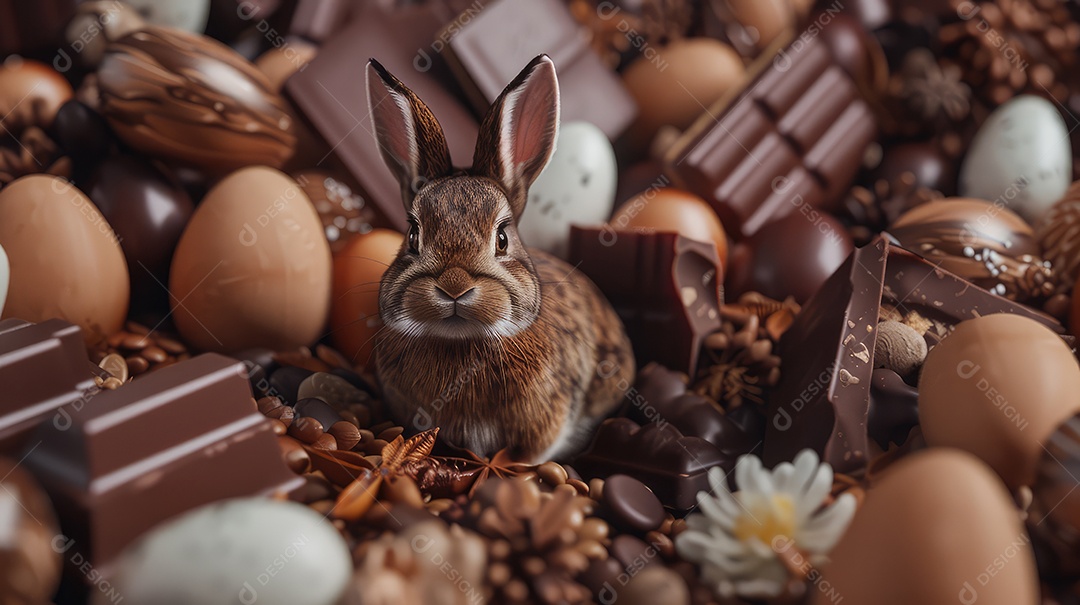 Coelhinho da Páscoa fofo no meio de chocolates para o conceito de festa de Páscoa