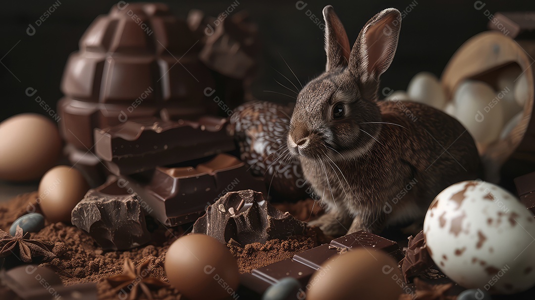 Coelhinho da Páscoa fofo no meio de chocolates para o conceito de festa de Páscoa