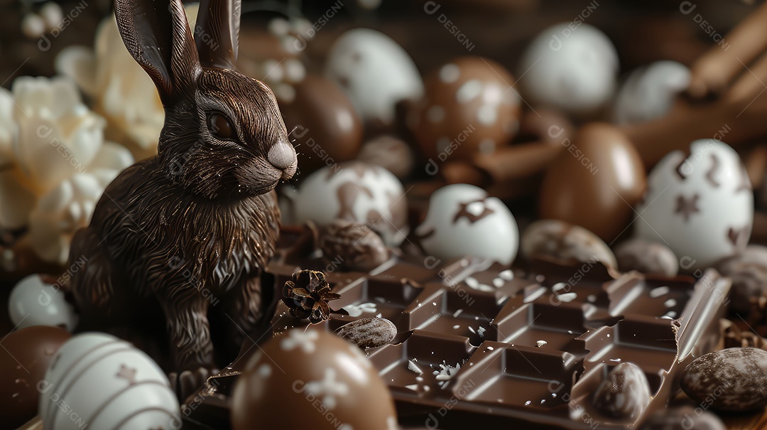 Coelhinho da Páscoa fofo no meio de chocolates para o conceito de festa de Páscoa