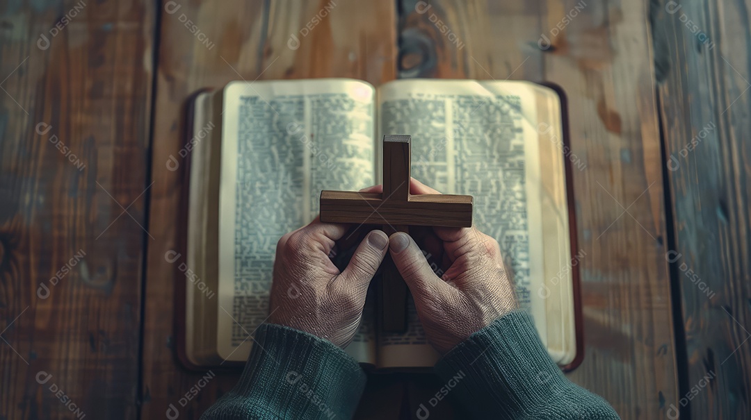 Pessoa cristã segurando uma cruz de madeira na Bíblia Sagrada aberta na mesa da igreja